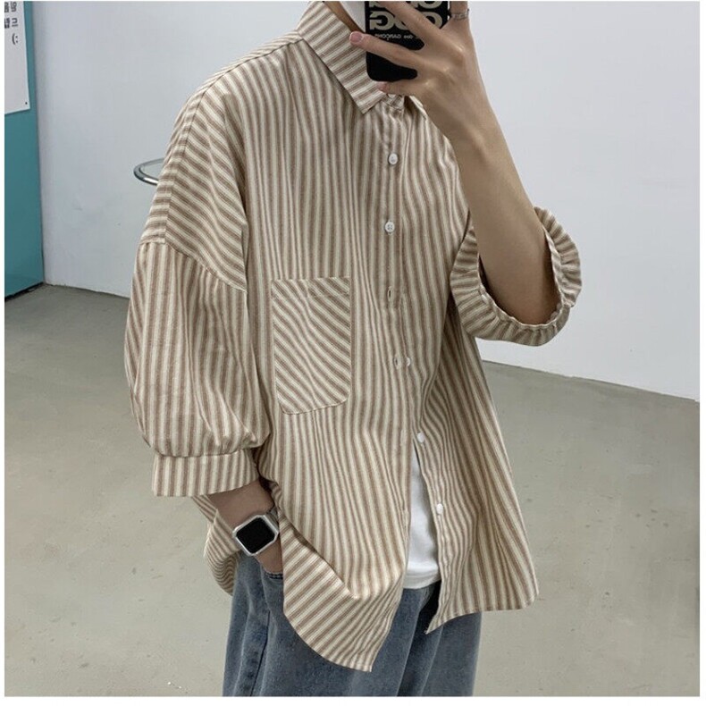 条纹七分袖衬衫日系休闲港风情侣衬衣D325C26P40,男装衬衫,电商D325