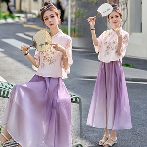 紫色新中式国风套装裙女2025夏季改良汉服日常可穿禅意茶服两件套图片