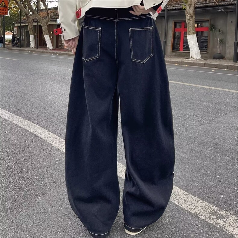 自然涩黑色牛仔裤女春秋季新款美式涂鸦休闲宽松直筒拖地阔腿裤潮,男装牛仔裤,星座715-4