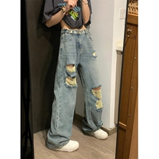 【网图现货】破洞牛仔裤男女夏季薄款宽松阔腿裤子NZP01CC-P45，男装牛仔裤，星座1007（原301D）