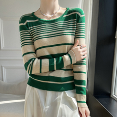 时尚百搭女士秋冬仿羊毛宽窄彩条圆领针织衫，女装针织衫/毛衣，洁纯羊绒