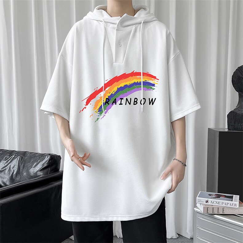LD54064-P45 连帽短袖t恤男大码胖子带帽五分袖中袖图片