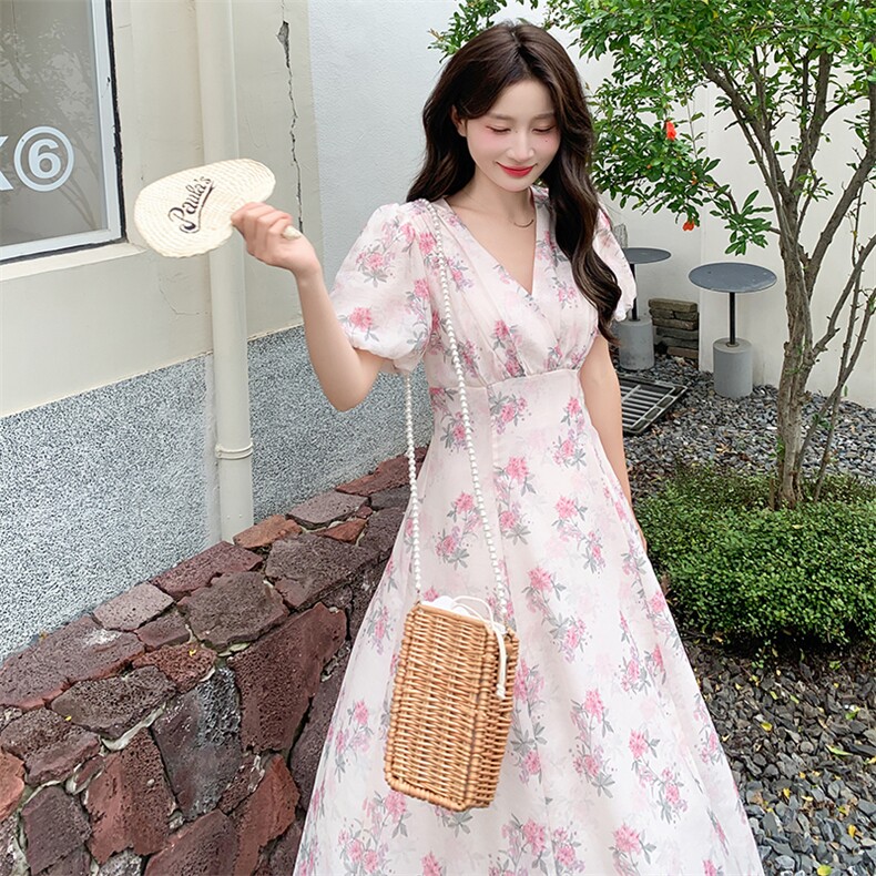 粉色法式泡泡袖连衣裙女夏季2024新款小清新超仙显瘦中长款仙女裙,女装连衣裙,天使之佳话