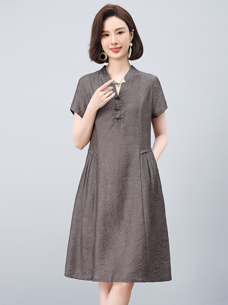 中年妈妈天丝短袖高端连衣裙女夏时尚大码宽松巨好看洋气提花裙子,女装连衣裙,雪樱依海