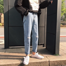 破洞补丁韩版牛仔裤男港风夏季直筒小脚休闲裤N/，男装牛仔裤，电商D202