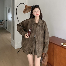 春季新款复古色皮衣百褶裙套装，女装套装/套裙，2C120
