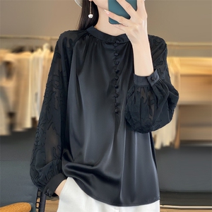 春季新款真丝衬衣女宽松百搭时尚打底衫气质内搭醋酸缎面上衣圆领图片