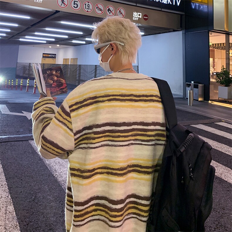 潮牌秋季情侣街头嘻哈宽松休闲彩色条纹外套毛衣NY05603-P52,男装针织衫/毛衣,星座308B-1