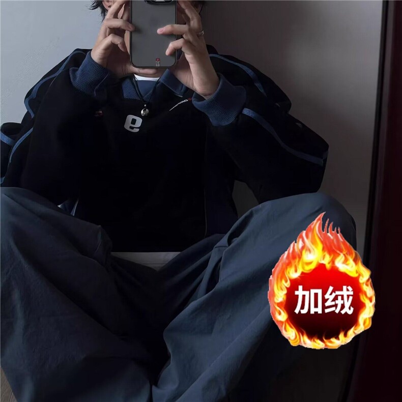 2024美式翻领卫衣男女宽松高街风vintage撞色设计感加绒上衣,男装卫衣,星座506A