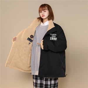 中性22冬季新款字母印花两面穿摇粒绒立领棉衣外套MY227P135控168图片