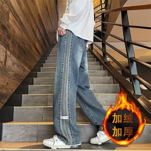 贴标条纹牛仔裤男宽松阔腿长裤潮牌美式高街加绒裤子 A513-P55图片