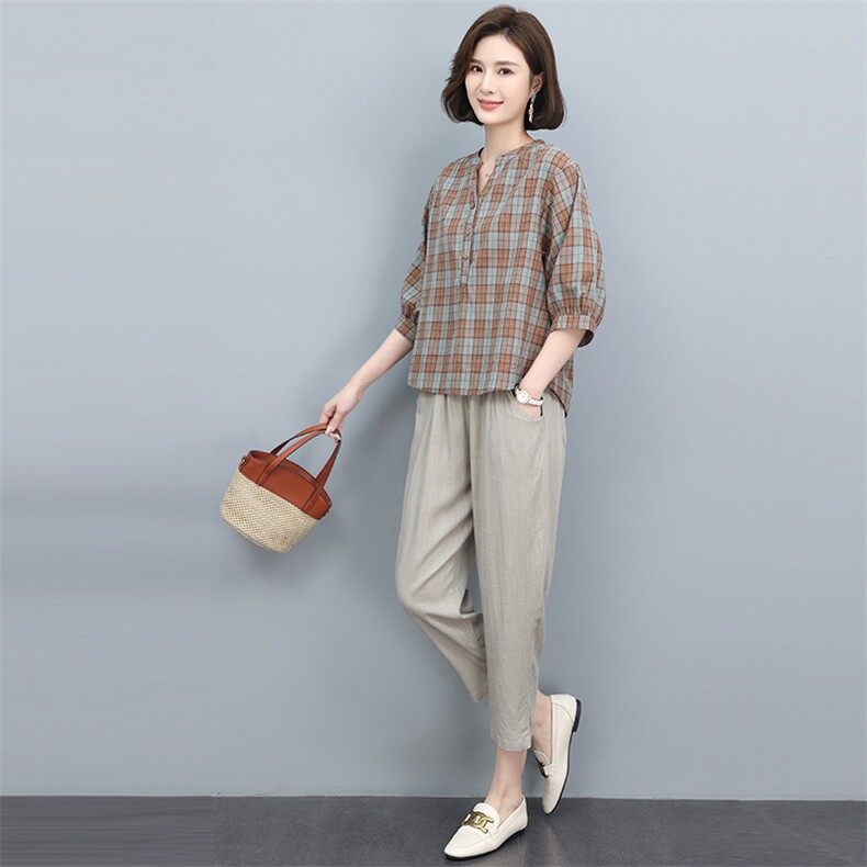 时尚休闲格子衬衫+宽松阔腿裤套装显瘦百搭两件套,女装套装/套裙,悦见她