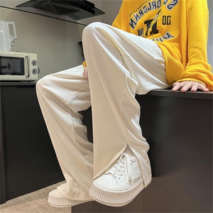 K60-P45 早秋脚口开叉直筒宽松条纹休闲裤男女大码拖地长裤 控68图片