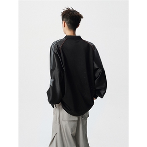 美式翻领POLO衫大码M-5XL插肩拼接V领球衣长袖T恤T78096P48控78