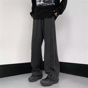 美式阔腿牛仔裤女薄款夏季2025新款复古做旧条纹高腰宽松拖地裤子图片