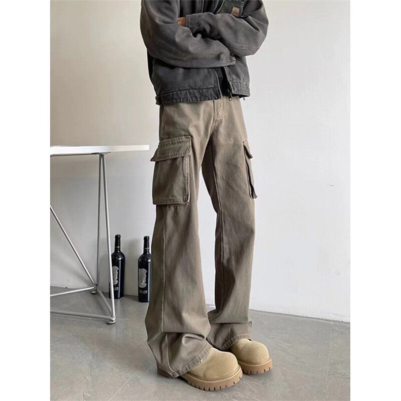 棕色工装牛仔裤男春秋季美式复古潮牌宽松直筒裤青少年美拉德裤子,男装牛仔裤,星座1608-2