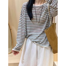 韩系穿搭chic夏日条纹长袖T恤女初秋薄款小个子防晒罩衫撞色上衣，男装T恤，星座506A