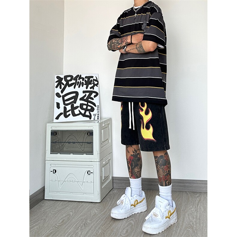 港风纯棉320G重磅水洗做旧印花短裤A014-DY2375-P50控68,男装牛仔裤,电商A014