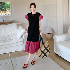 时尚撞色拼接连衣裙女2025夏季新款韩系宽松洋气设计感中长款裙子，女装连衣裙，2C203