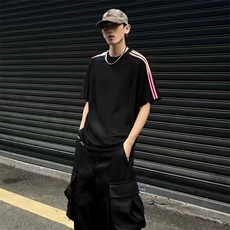 抖音得物品质二开240克宽松纯棉美式潮牌印花三条杠中性风短袖T恤，男装T恤，电商A486-1