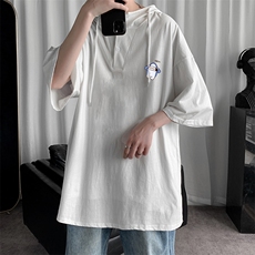 LD54167-P45连帽短袖t恤男大码胖子带帽五分袖中袖，男装T恤，电商A040