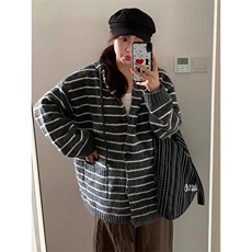 秋冬新条纹连帽毛衣男女同款美式复古慵懒风撞色针织开衫外套潮流，男装针织衫/毛衣，星座506A