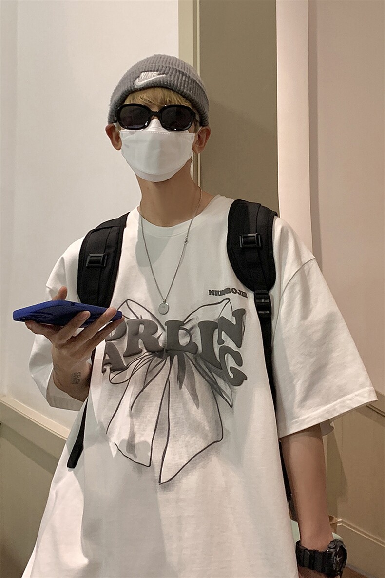 美式蝴蝶结情侣款设计感上衣夏季发泡印短袖T恤男A071-9003-P30,男装T恤,电商A071
