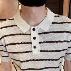 2025夏季短袖条纹T恤翻领针织毛衣冰丝Polo衫F6168-P55，男装T恤，电商D342