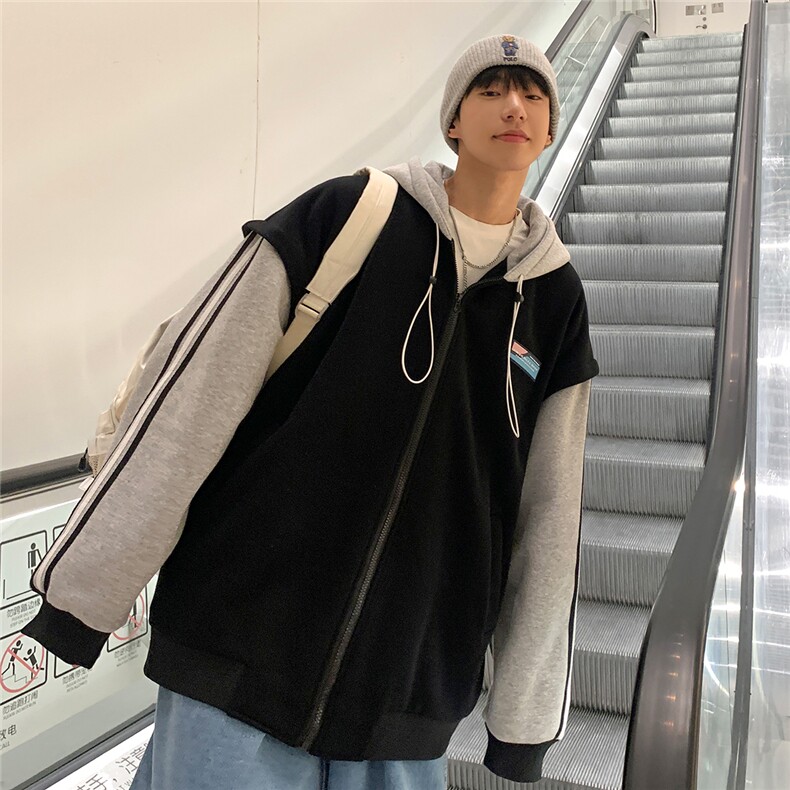 2024男休闲拼接假两件开衫连帽卫衣WY26/P78控98（加绒88控108）,男装卫衣,电商A148