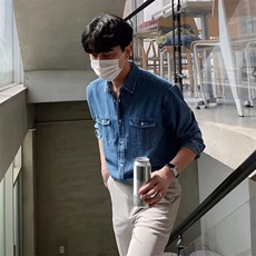 美式复古明线原色牛仔衬衫男2025春季新款多口袋宽松休闲衬衣外套，男装衬衫，星座506A