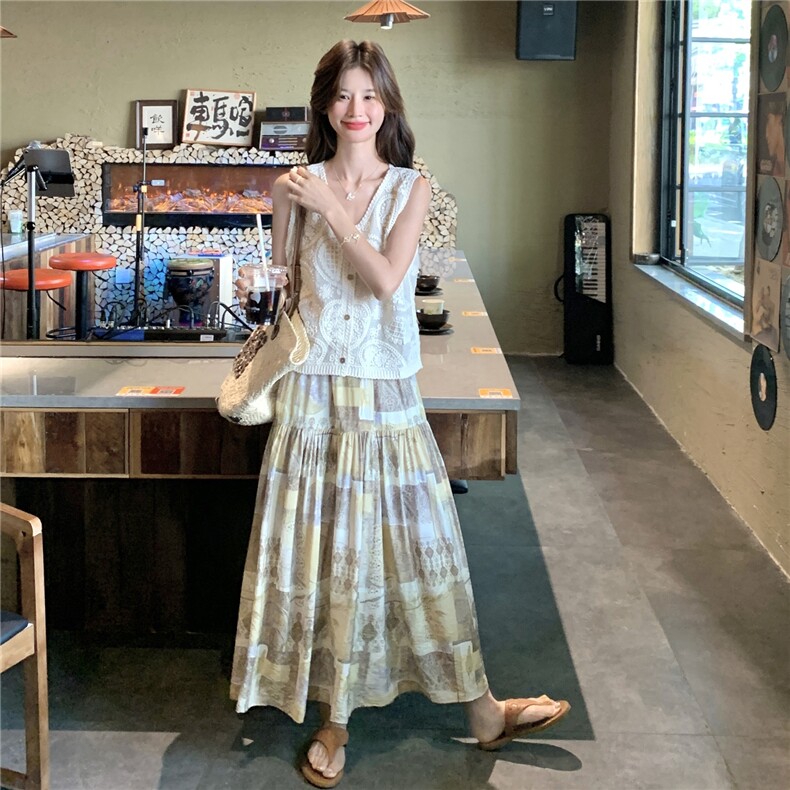 复古印花半身裙背心两件套女2025年夏季新款波西米亚度假风套装裙,女装套装/套裙,2C135