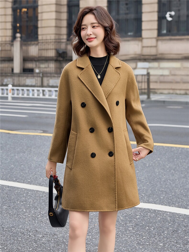 卡其色气质毛呢外套女中长款2025秋冬新款西装领双面绵羊毛呢大衣,女装双面呢大衣,米莱