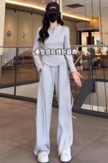 女初秋新款休闲运动套装气质减龄修身立领纯色上衣阔腿长裤两件套，女装套装/套裙，江南