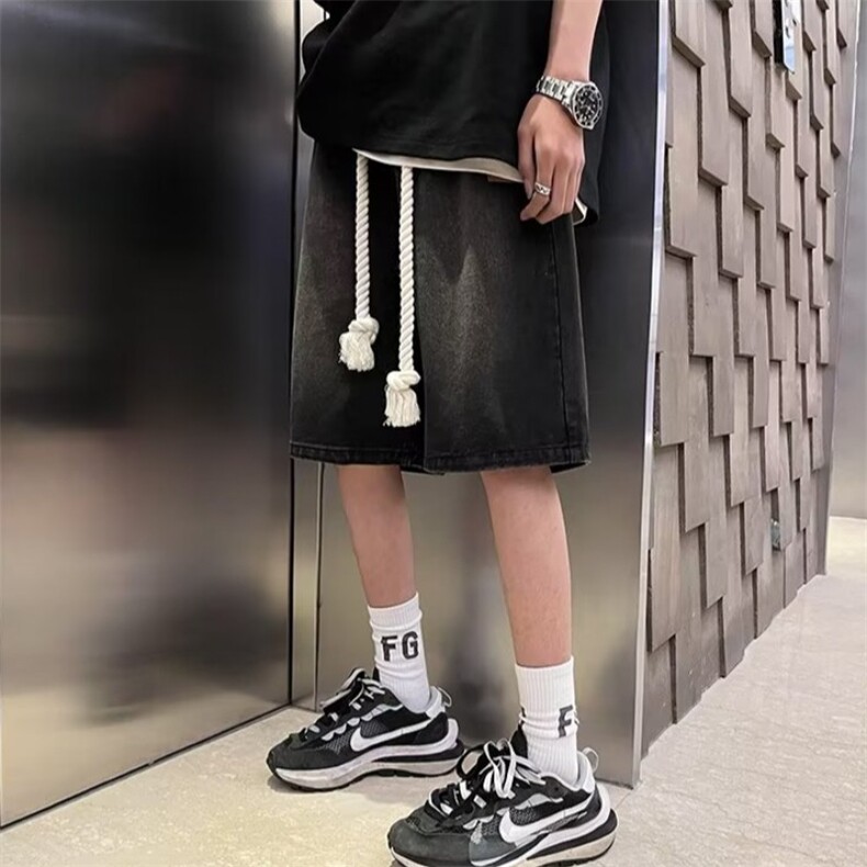 高街复古做旧蓝五分裤男女夏季设计感宽松阔腿牛仔短裤DA6604-P35,男装牛仔裤,星座208-5