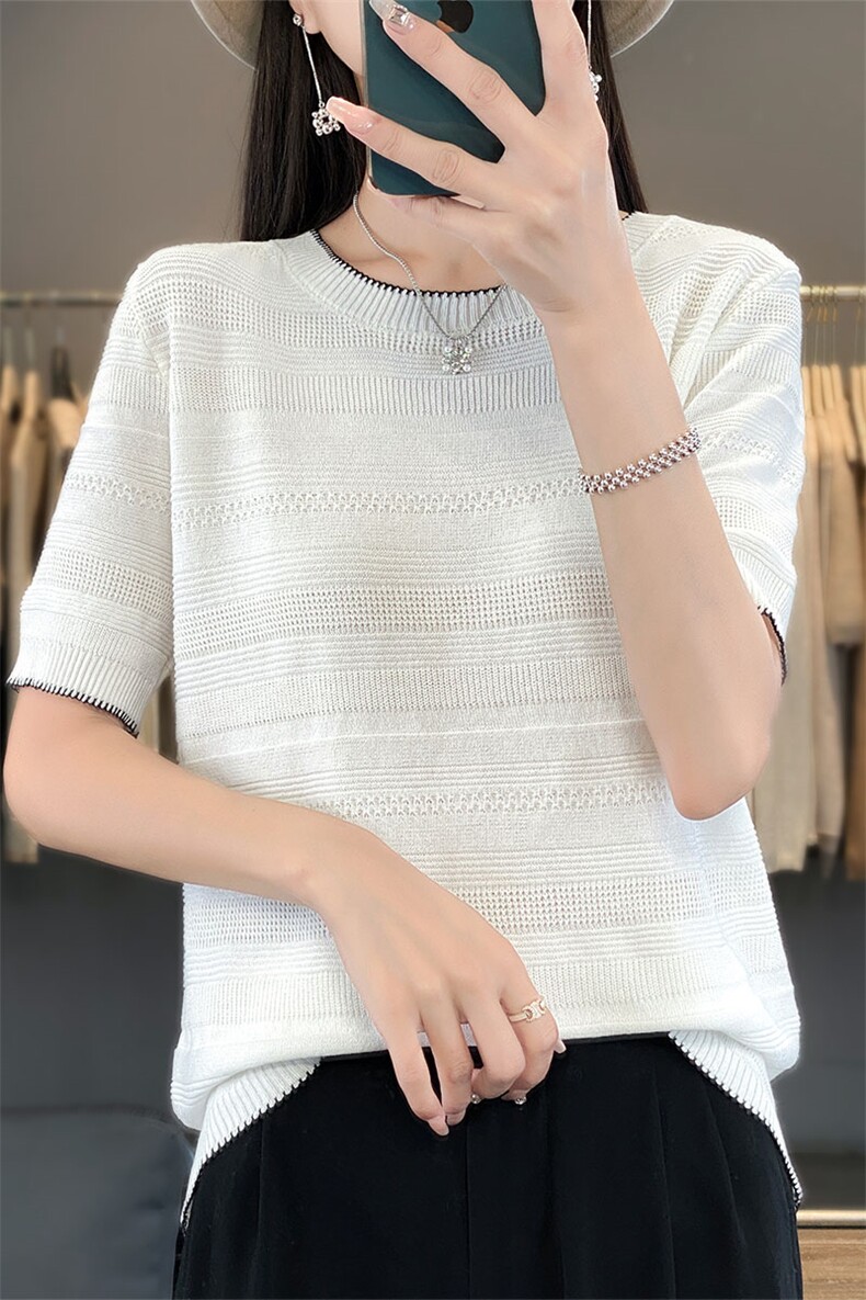 短袖t恤女2025新款拼接显瘦遮肚子大码女装夏季薄款冰丝针织衫韩,针织衫/毛衣,萱芳婷羊绒