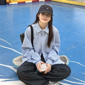 夏日韩版格子蓝色衬衫女宽松男友风衬衣宽松显瘦防晒开衫垂感外套图片