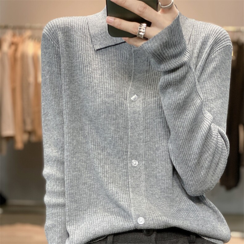 高级感Polo领抽条羊毛针织开衫女宽松百搭春秋毛衣外套上衣薄衬衫图片