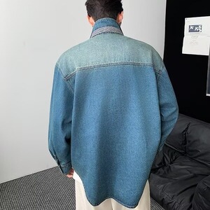 美式复古水洗渐变莱赛尔长袖牛仔衬衫男2025春季宽松翻领衬衣外套图片