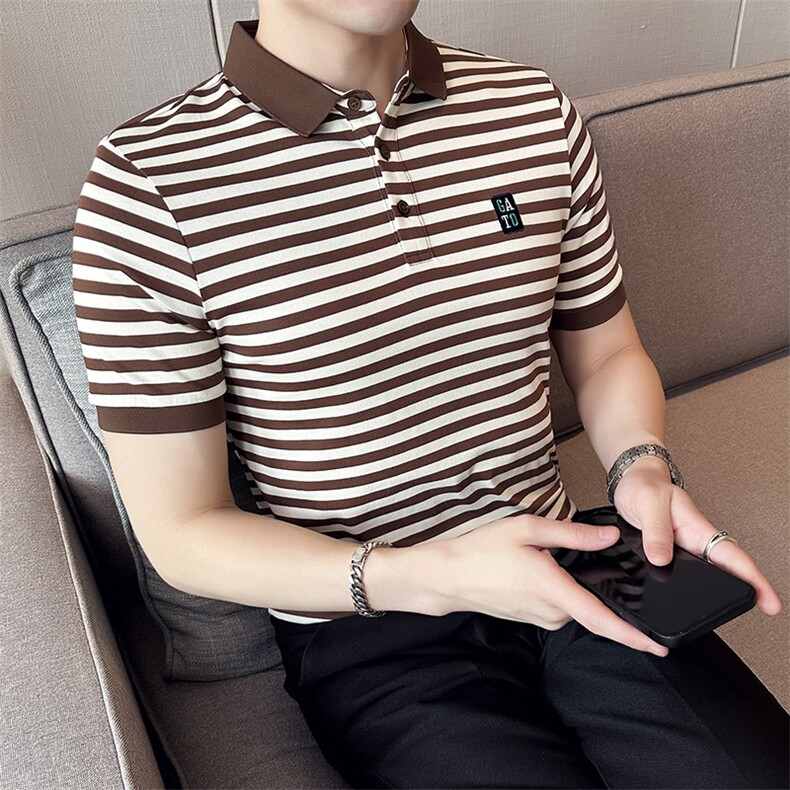 主推爆！品典款高级感轻奢夏短袖T恤翻领条纹Polo衫半袖T0253,男装T恤,电商D342