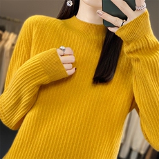 羊毛衫羊毛竖条花纹半高领女士时尚纯色简约，女装羊毛衫，九嘉羊绒