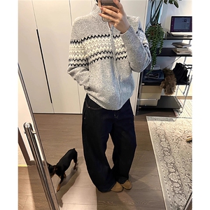 费尔岛提花半高领拉链开衫毛衣男秋冬季百搭针织衫情侣MY06-P64图片