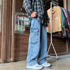 美式街头多口袋直筒工装牛仔裤男女宽松阔腿裤N05062-P50，男装牛仔裤，星座308B-1