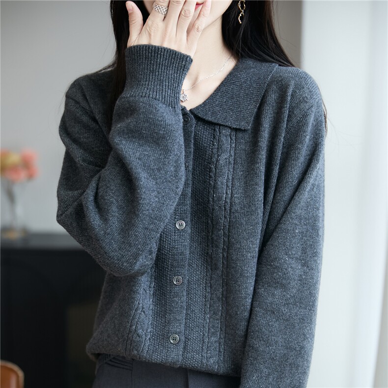 法式复古麻花POLO领针织开衫女外套毛衣2025新款宽松加厚外搭上衣,针织衫/毛衣,唐诺