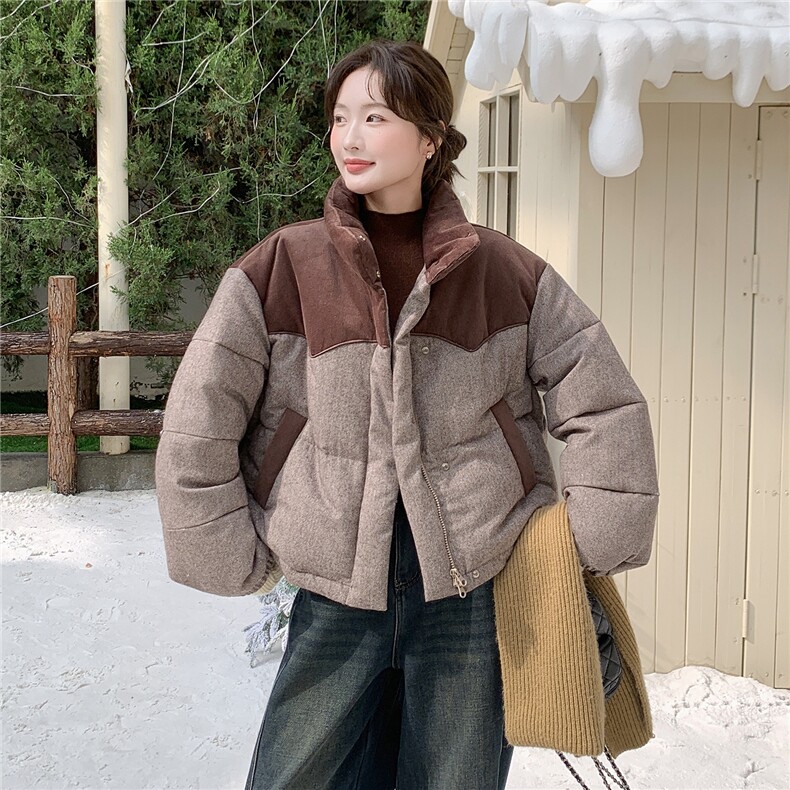 欧货高端拼接撞色羽绒服女冬季2025新款加厚保暖立领白鸭绒短外套,女装羽绒服,琦鑫阁（原依鑫阁）