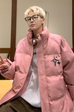 港风PU皮复古做旧可拆卸四芒星胸针设计棉衣男MY77721P128控168，男装棉衣，星座226-1