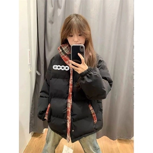 美式复古格子拼接棉服女冬季新款宽松百搭小众设计感保暖棉衣图片