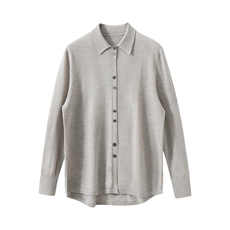 精纺100纯羊毛针织开衫女宽松POLO领长袖外搭2025秋季新款薄外套，女装衬衫，雪山红莲