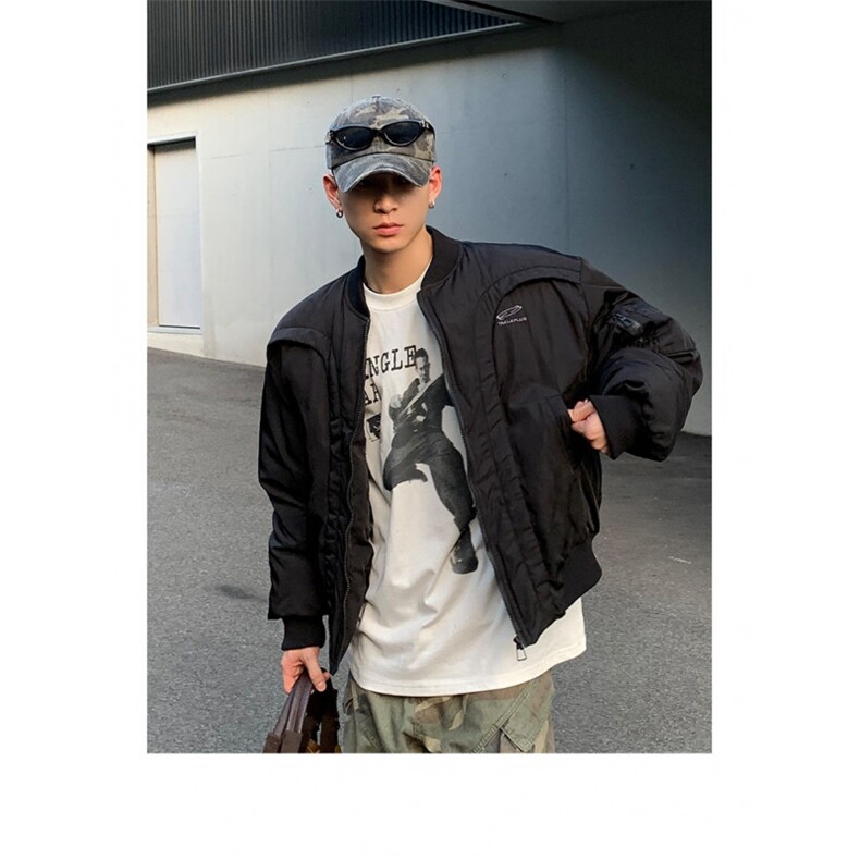 冬季美式解构弧形设计感小众飞行员棉服机车夹克男加厚棒球服棉衣,男装夹克,四季星座505