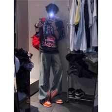 美式高街条纹牛仔裤男生ootd穿搭裤子直筒宽松阔腿裤NT816，男装牛仔裤，星座208-5
