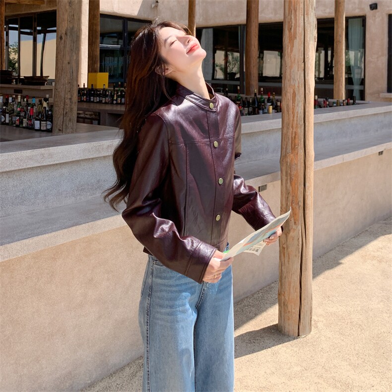 韩系复古皮衣外套女2025秋季新款小个子红棕色设计感百搭皮夹克,女装皮衣,2C170
